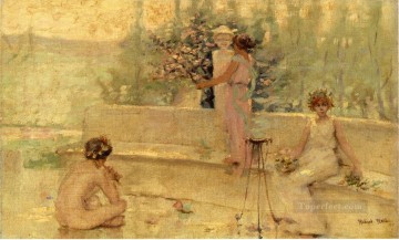  Reid Art Painting - Three Figures in an Italian Garden lady Robert Reid
